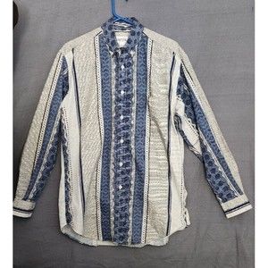 VTG Surjani Mens M Button Down Shirt Blue Tan Southwestern Print 100%‎ Cotton